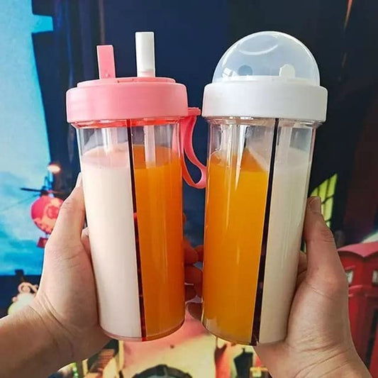 2 in 1 Water Bottle for hot and Cold Drinks with Double Straws and Cover 1000 ml Bottle