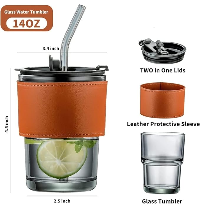 Glass Sipper with Brown Leather Removeable Sleeve Tumbler with Straw for Tea, Coffee, Beverages and Capacity 435ml