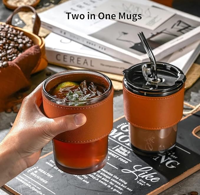 Glass Sipper with Brown Leather Removeable Sleeve Tumbler with Straw for Tea, Coffee, Beverages and Capacity 435ml